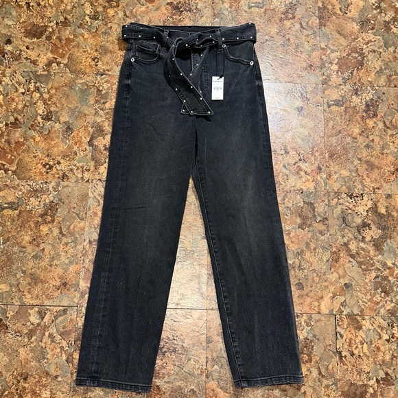 Express Denim - Express Women’s Straight Leg Super High Rise Jeans Faded Black Tie Belt Size 0